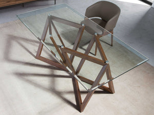 Rectangular dining table in tempered glass and walnut