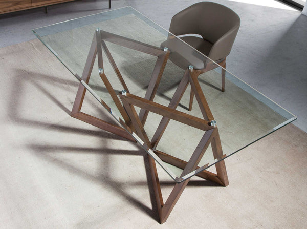 Rectangular dining table in tempered glass and walnut