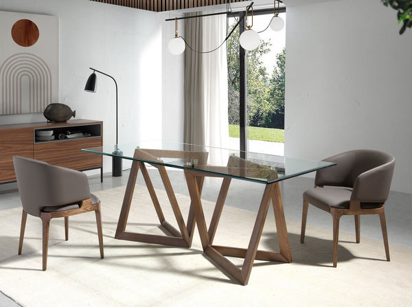 Rectangular dining table in tempered glass and walnut