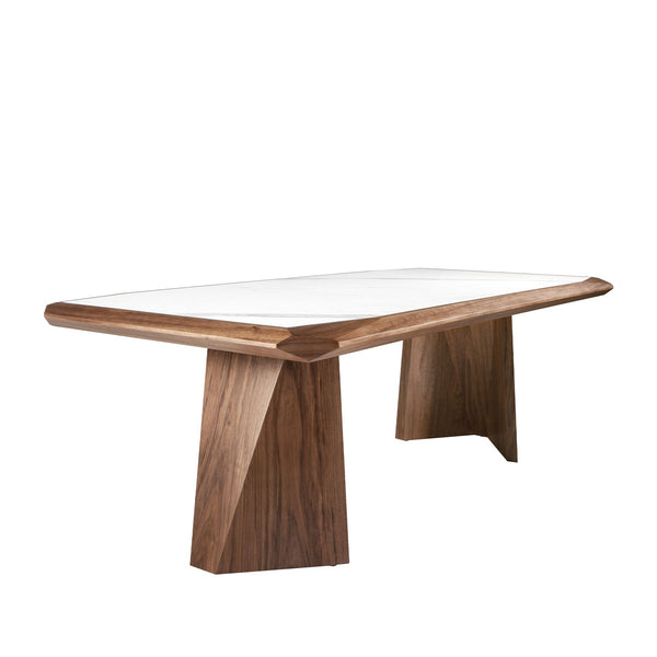 Rectangular porcelain marble and walnut dining table