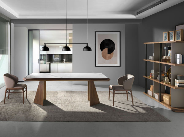Rectangular porcelain marble and walnut dining table