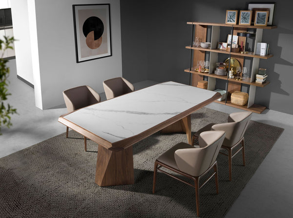 Rectangular porcelain marble and walnut dining table