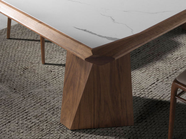 Rectangular porcelain marble and walnut dining table