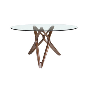Round dining table in tempered glass and walnut