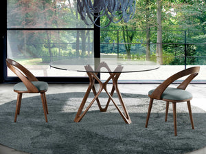 Round dining table in tempered glass and walnut