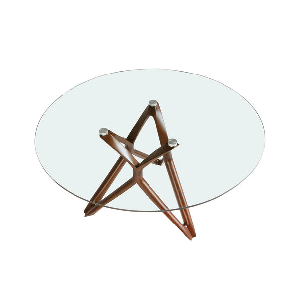 Round dining table in tempered glass and walnut