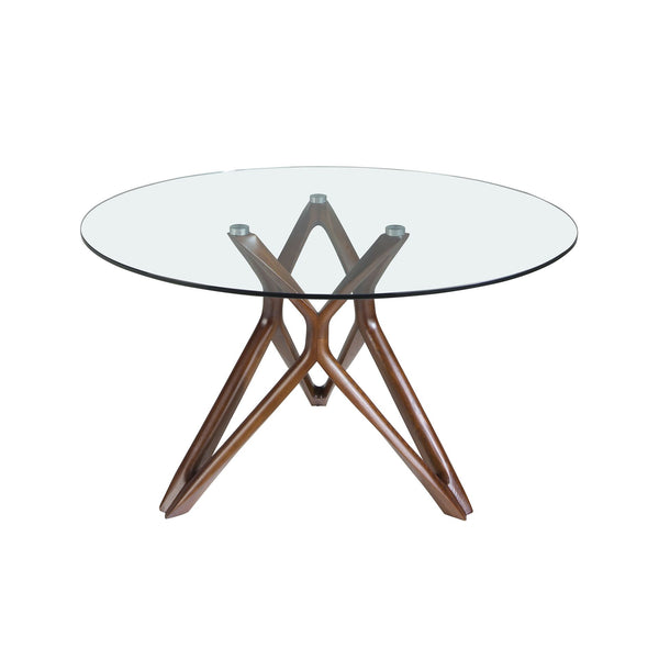 Round dining table in tempered glass and walnut