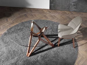 Round dining table in tempered glass and walnut