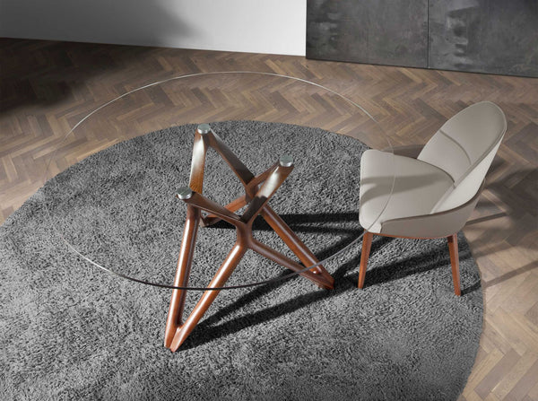 Round dining table in tempered glass and walnut