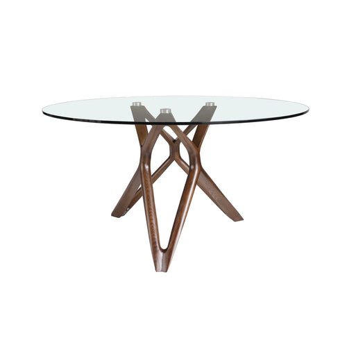 Round dining table in tempered glass and walnut
