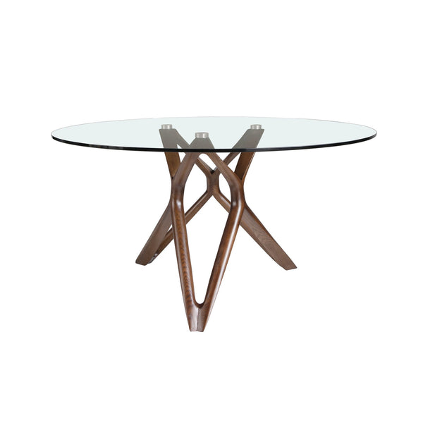 Round dining table in tempered glass and walnut D140