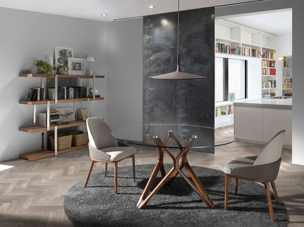 Round dining table in tempered glass and walnut