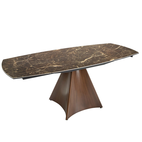 Extendable oval barrel dining table in porcelain, marble and steel with walnut effect
