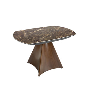 Extendable oval barrel dining table in porcelain, marble and steel with walnut effect