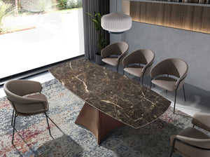 Extendable oval barrel dining table in porcelain, marble and steel with walnut effect