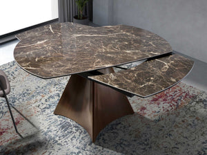 Extendable oval barrel dining table in porcelain, marble and steel with walnut effect