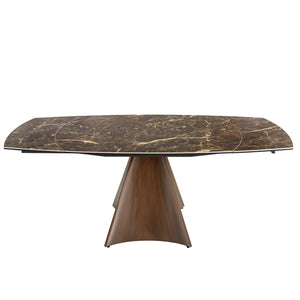 Extendable oval barrel dining table in porcelain, marble and steel with walnut effect