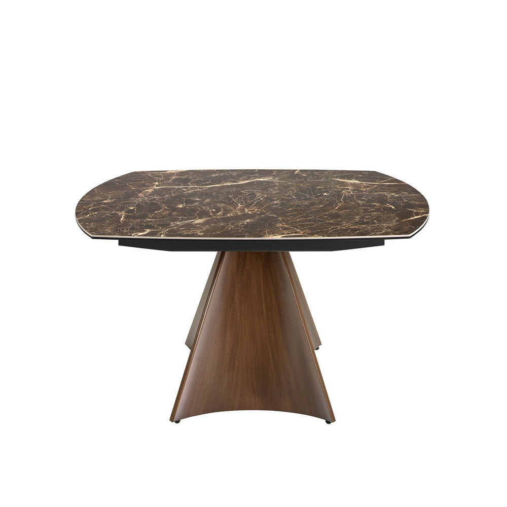 Extendable oval barrel dining table in porcelain, marble and steel with walnut effect