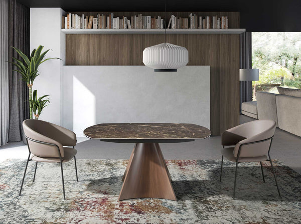 Extendable oval barrel dining table in porcelain, marble and steel with walnut effect