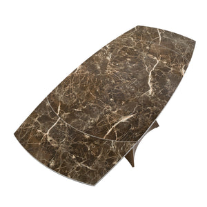 Extendable oval barrel dining table in porcelain, marble and steel with walnut effect