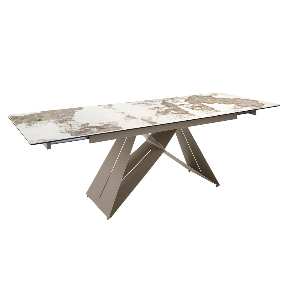 Rectangular extendable dining table in porcelain marble and champagne-colored steel