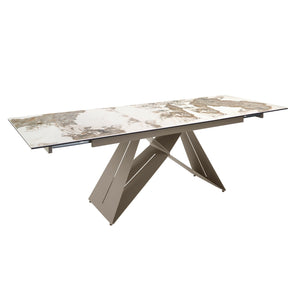 Rectangular extendable dining table in porcelain marble and champagne-colored steel