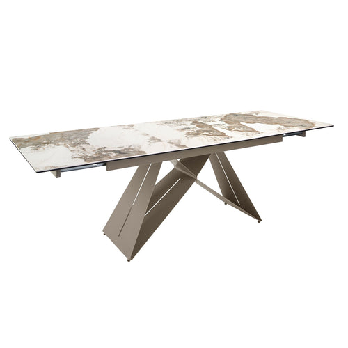 Rectangular extendable dining table in porcelain marble and champagne-colored steel