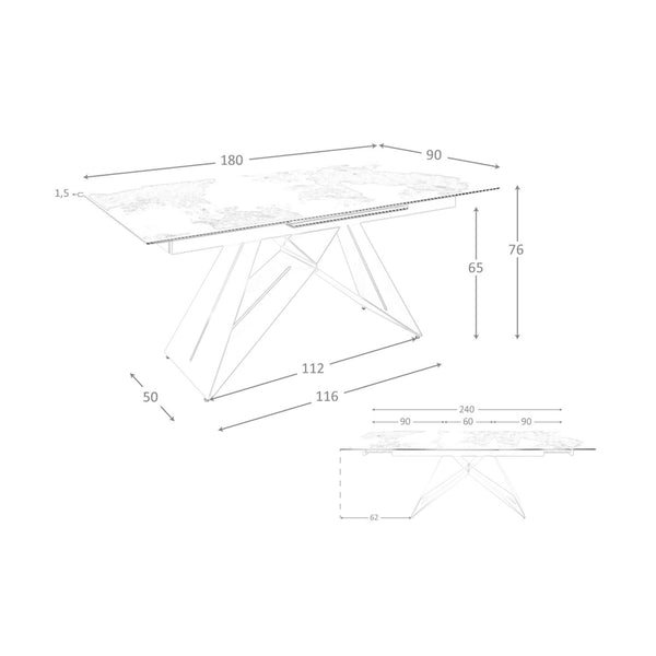 Rectangular extendable dining table in porcelain marble and champagne-colored steel