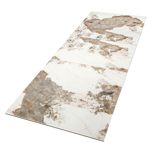 Rectangular extendable dining table in porcelain marble and champagne-colored steel