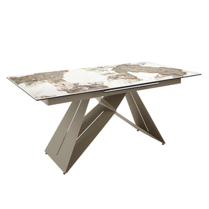 Rectangular extendable dining table in porcelain marble and champagne-colored steel
