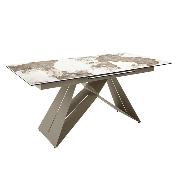 Rectangular extendable dining table in porcelain marble and champagne-colored steel