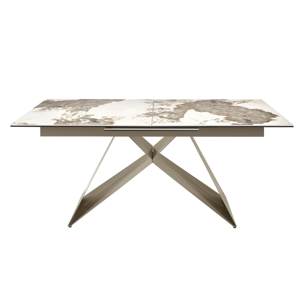 Rectangular extendable dining table in porcelain marble and champagne-colored steel