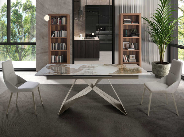 Rectangular extendable dining table in porcelain marble and champagne-colored steel