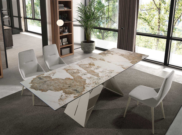 Rectangular extendable dining table in porcelain marble and champagne-colored steel