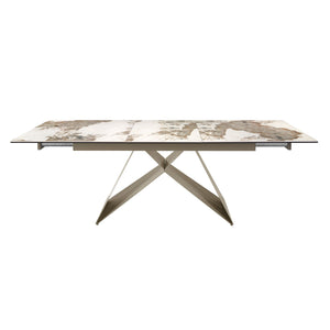 Rectangular extendable dining table in porcelain marble and champagne-colored steel