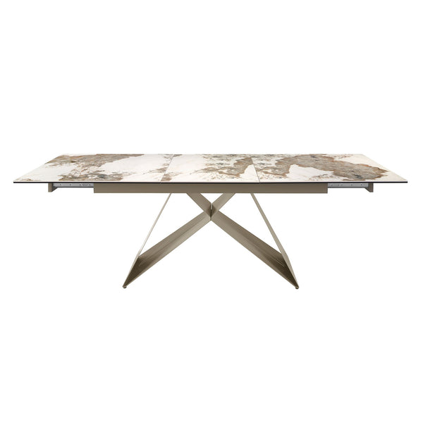 Rectangular extendable dining table in porcelain marble and champagne-colored steel
