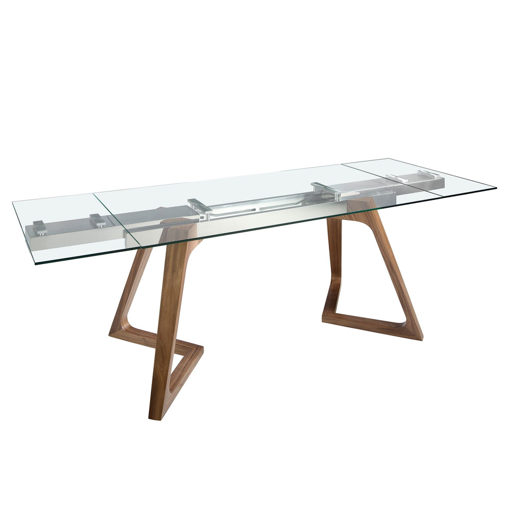 Rectangular extendable dining table in tempered glass and walnut