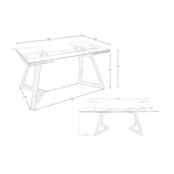 Rectangular extendable dining table in tempered glass and walnut