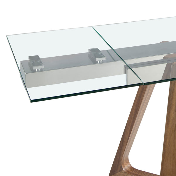 Rectangular extendable dining table in tempered glass and walnut