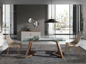 Rectangular extendable dining table in tempered glass and walnut