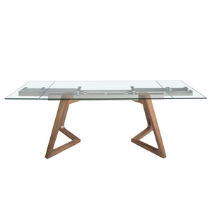 Rectangular extendable dining table in tempered glass and walnut