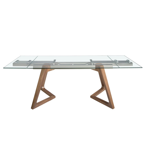 Rectangular extendable dining table in tempered glass and walnut
