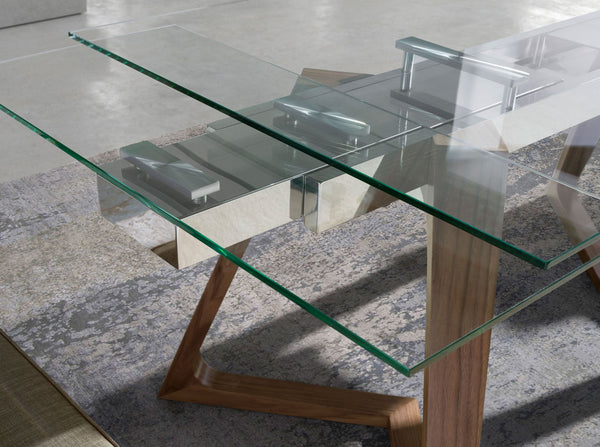 Rectangular extendable dining table in tempered glass and walnut