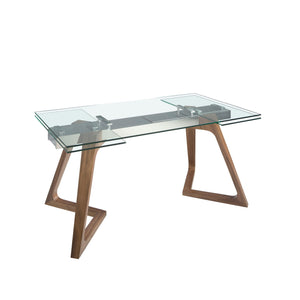 Rectangular extendable dining table in tempered glass and walnut