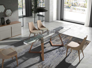 Rectangular extendable dining table in tempered glass and walnut