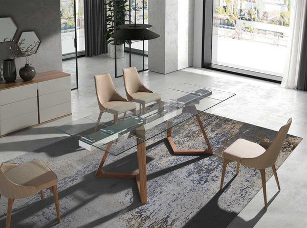 Rectangular extendable dining table in tempered glass and walnut