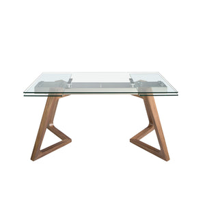 Rectangular extendable dining table in tempered glass and walnut