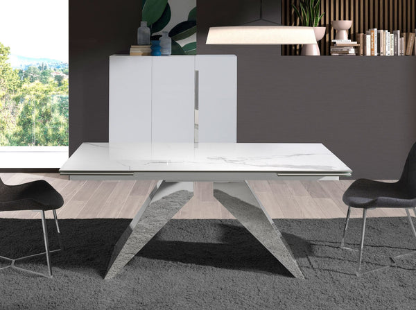 Rectangular extendable dining table in porcelain marble and chromed steel