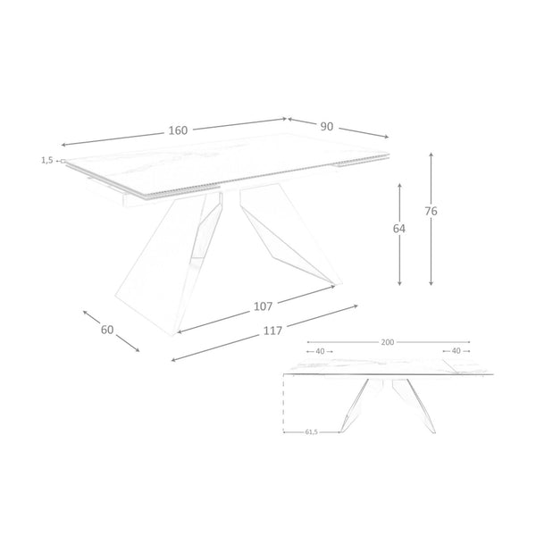 Rectangular extendable dining table in porcelain marble and chromed steel
