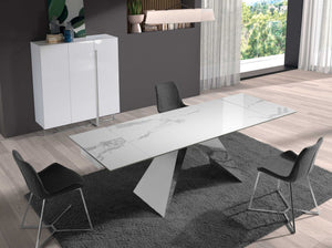 Rectangular extendable dining table in porcelain marble and chromed steel